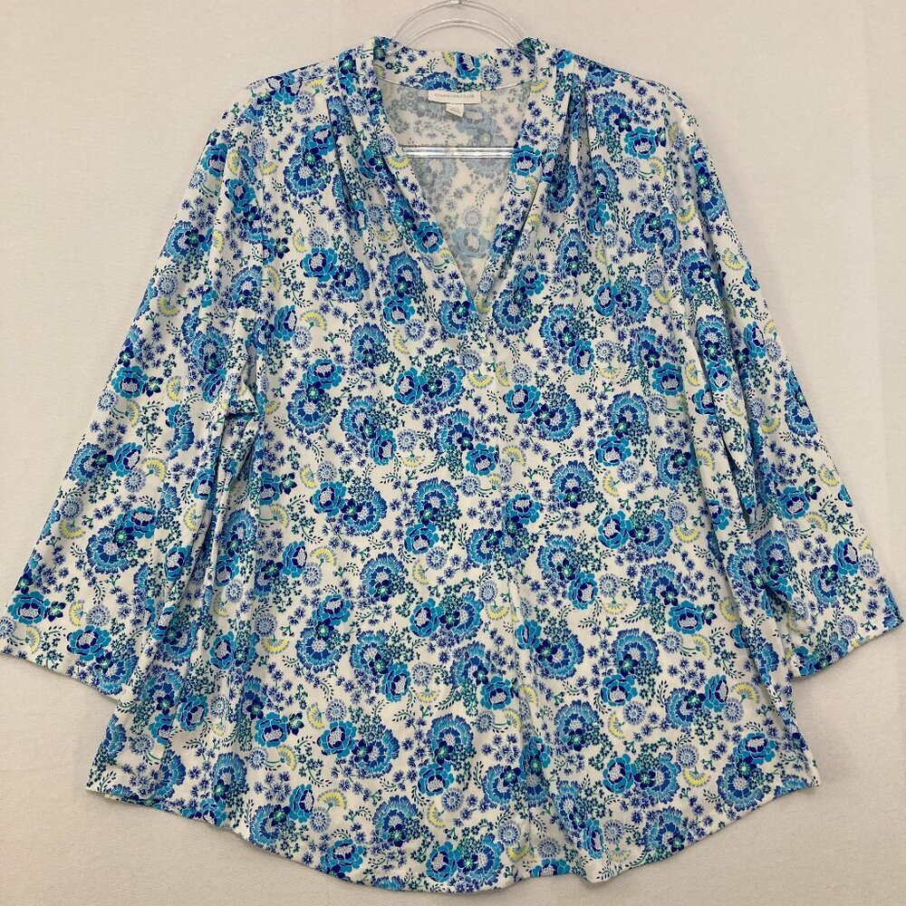 Charter Club XXL Blue White Floral V Neck 3/4 Sleeve Stretch Knit Top Office